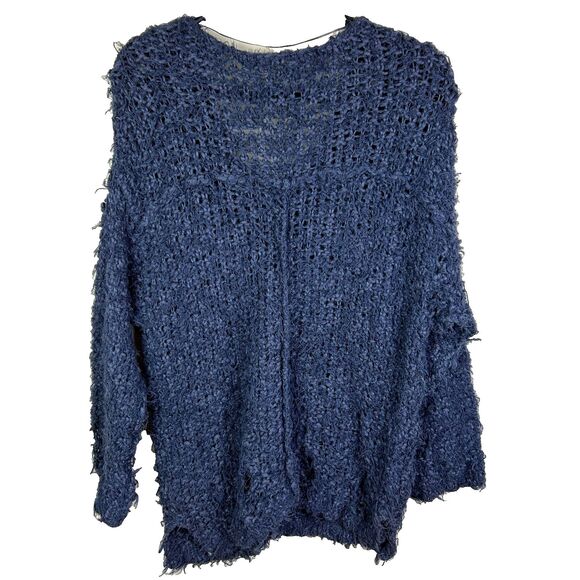 Free People Up The Ladder Distressed Open Knit PullOn Sweater Washed Navy Blue M - Picture 10 of 16